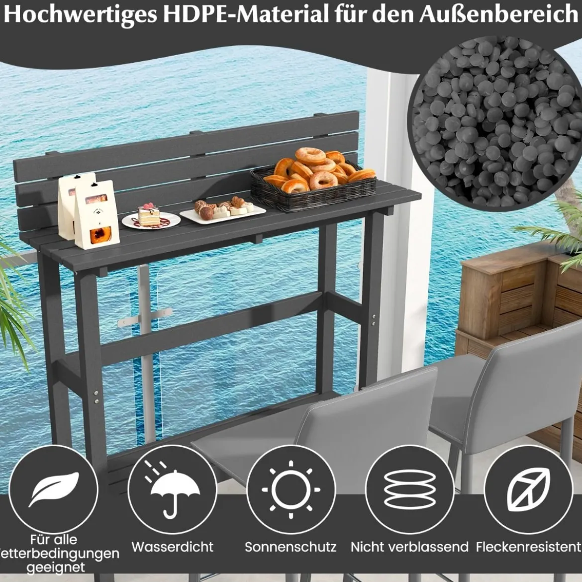 Outdoor Bartisch mit Ablage & Verstellbaren Fußpads Terrassen Hochtisch 122 x 39 x 136 cm Grau
