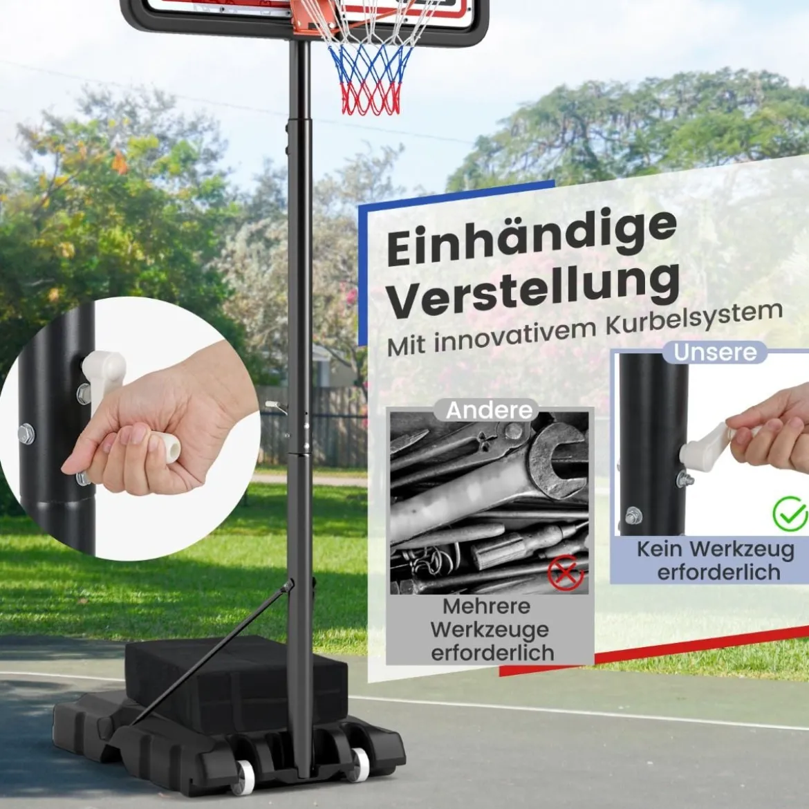 Outdoor Basketballkorb mit Ständer & Handkurbel & Gewichtssack & 2 Netzen Basketballständer