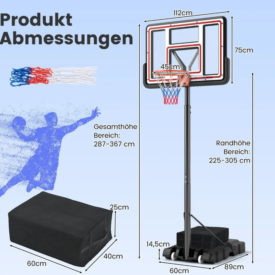 Outdoor Basketballkorb mit Ständer & Handkurbel & Gewichtssack & 2 Netzen Basketballständer
