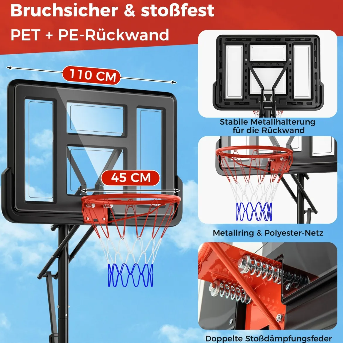Outdoor Basketballkorb mit Ständer & 2 Rädern & Gewichtssack Höhenverstellbarer Basketballständer