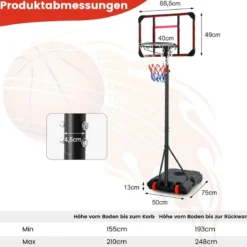 Outdoor Basketballkorb mit Ständer 155-210cm Höhenverstellbarer Basketballständer Schwarz