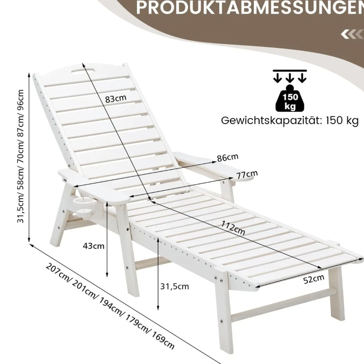 Outdoor Chaise Lounge Chair Terrasse HDPE Liegestuhl Rückenlehne Verstellbarer Weiß