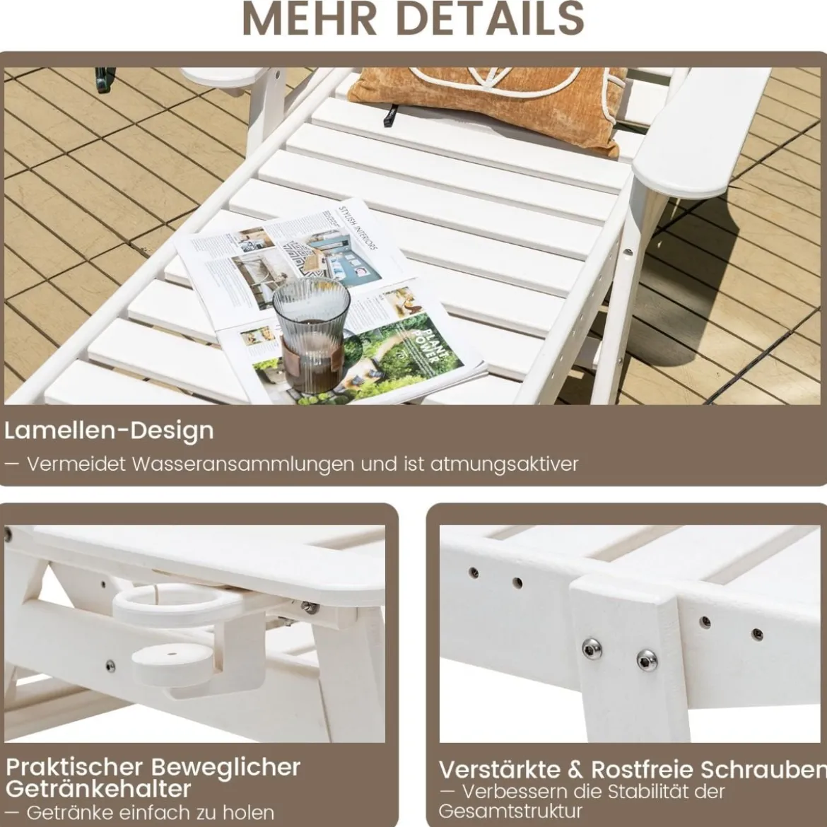 Outdoor Chaise Lounge Chair Terrasse HDPE Liegestuhl Rückenlehne Verstellbarer Weiß