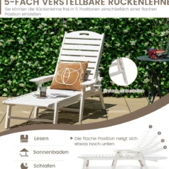 Outdoor Chaise Lounge Chair Terrasse HDPE Liegestuhl Rückenlehne Verstellbarer Weiß