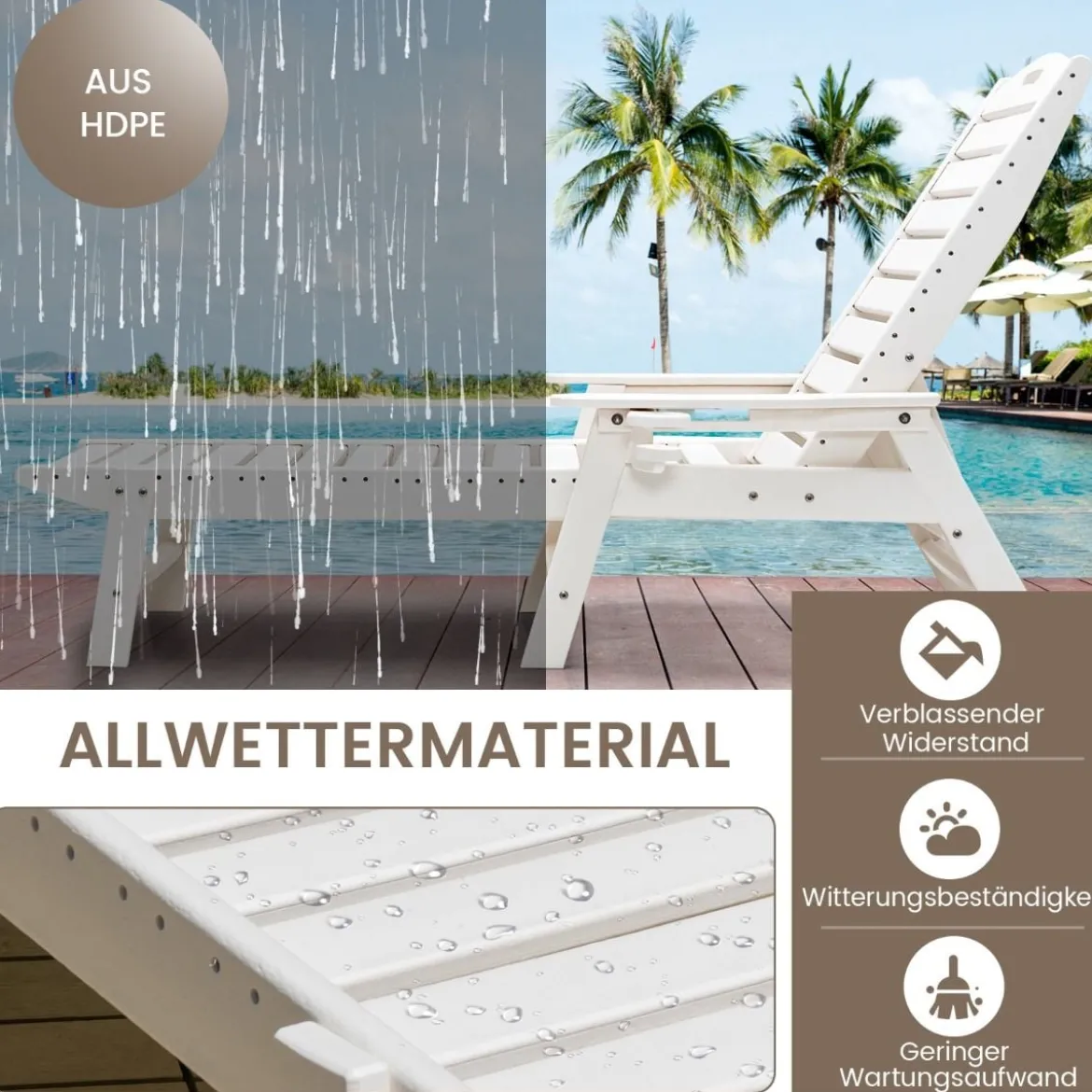 Outdoor Chaise Lounge Chair Terrasse HDPE Liegestuhl Rückenlehne Verstellbarer Weiß