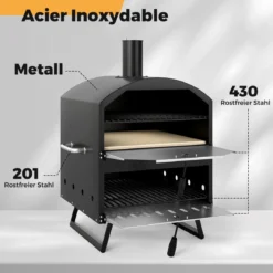 Outdoor 40 cm Holzofen Pizzaofen 2-Schichten Pizza-Maker mit quadratischem Stein Pizzaschaufel Grillrosten Schwarz