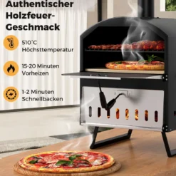 Outdoor 40 cm Holzofen Pizzaofen 2-Schichten Pizza-Maker mit quadratischem Stein Pizzaschaufel Grillrosten Schwarz
