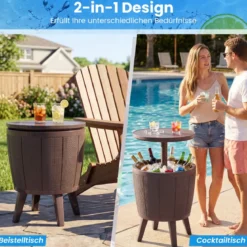 Outdoor Cocktailtisch höhenverstellbar 38L Getränkekühler mit Hebedeckel & Ablassventil Braun