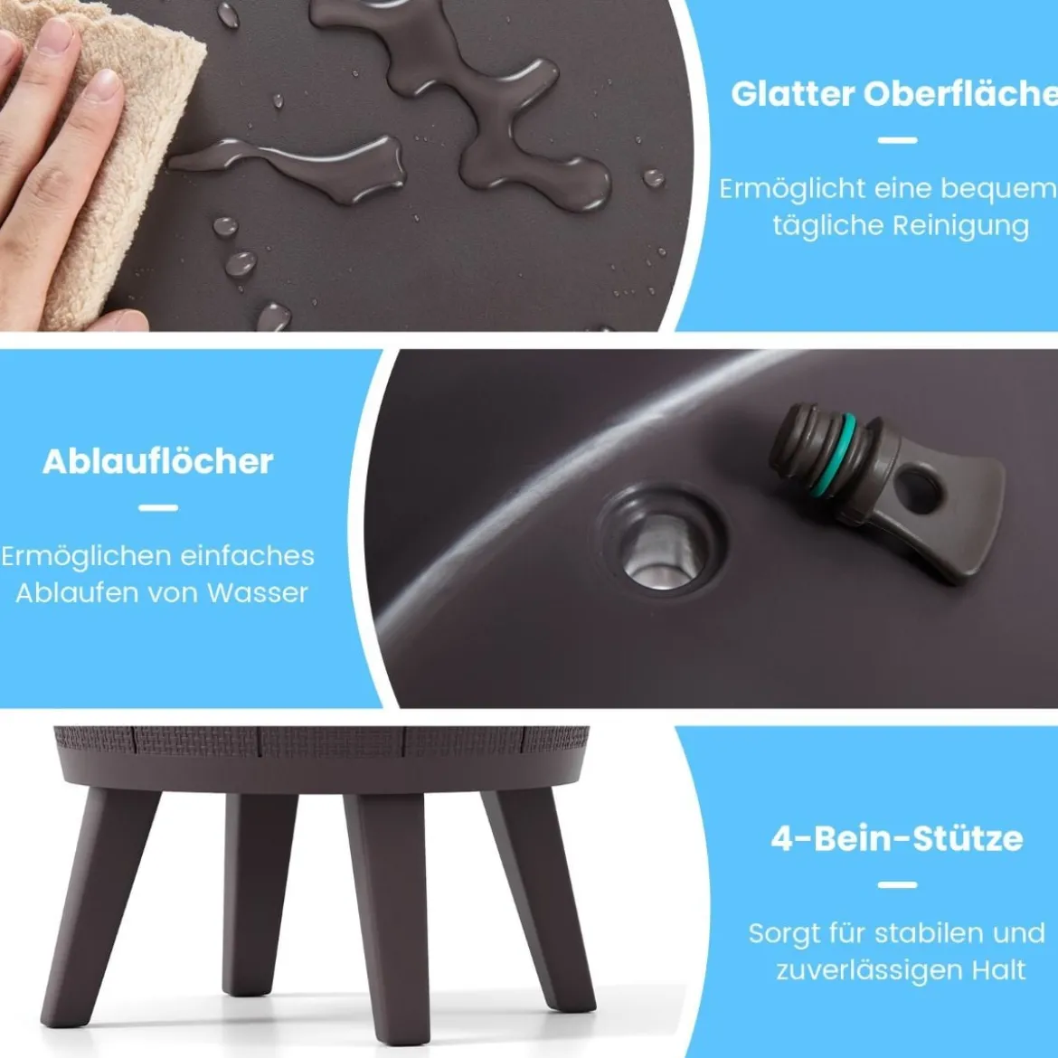 Outdoor Cocktailtisch höhenverstellbar 38L Getränkekühler mit Hebedeckel & Ablassventil Braun