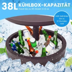 Outdoor Cocktailtisch höhenverstellbar 38L Getränkekühler mit Hebedeckel & Ablassventil Braun