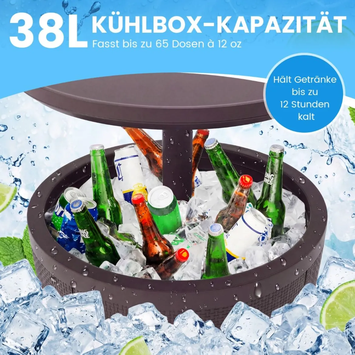 Outdoor Cocktailtisch höhenverstellbar 38L Getränkekühler mit Hebedeckel & Ablassventil Braun