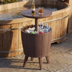 Outdoor Cocktailtisch höhenverstellbar 38L Getränkekühler mit Hebedeckel & Ablassventil Braun