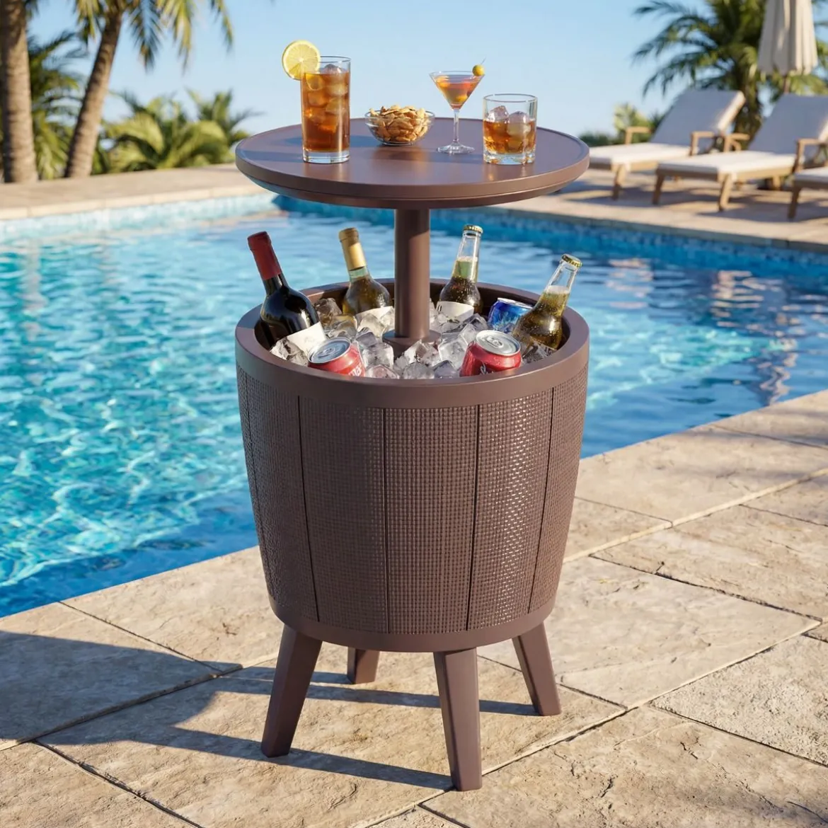 Outdoor Cocktailtisch höhenverstellbar 38L Getränkekühler mit Hebedeckel & Ablassventil Braun