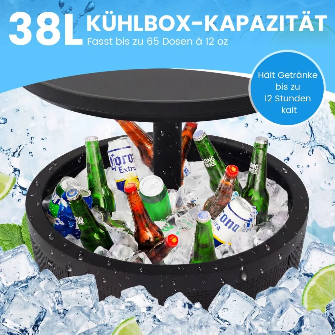 Outdoor Cocktailtisch höhenverstellbar 38L Getränkekühler mit Hebedeckel & Ablassventil Schwarz