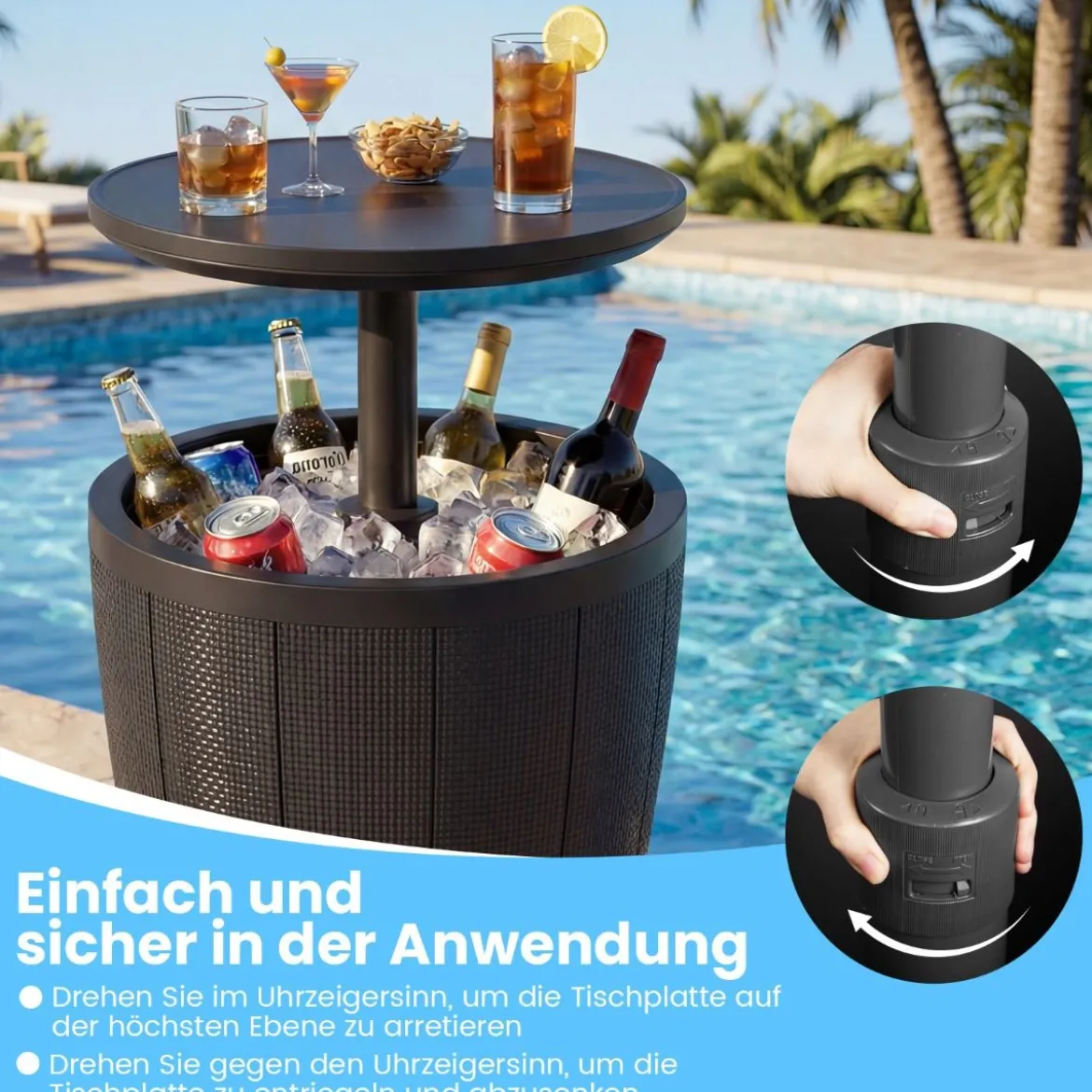 Outdoor Cocktailtisch höhenverstellbar 38L Getränkekühler mit Hebedeckel & Ablassventil Schwarz