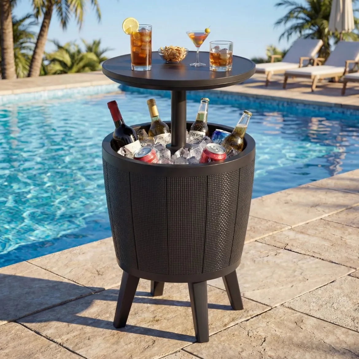 Outdoor Cocktailtisch höhenverstellbar 38L Getränkekühler mit Hebedeckel & Ablassventil Schwarz