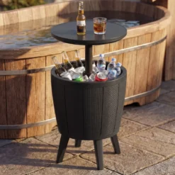 Outdoor Cocktailtisch höhenverstellbar 38L Getränkekühler mit Hebedeckel & Ablassventil Schwarz