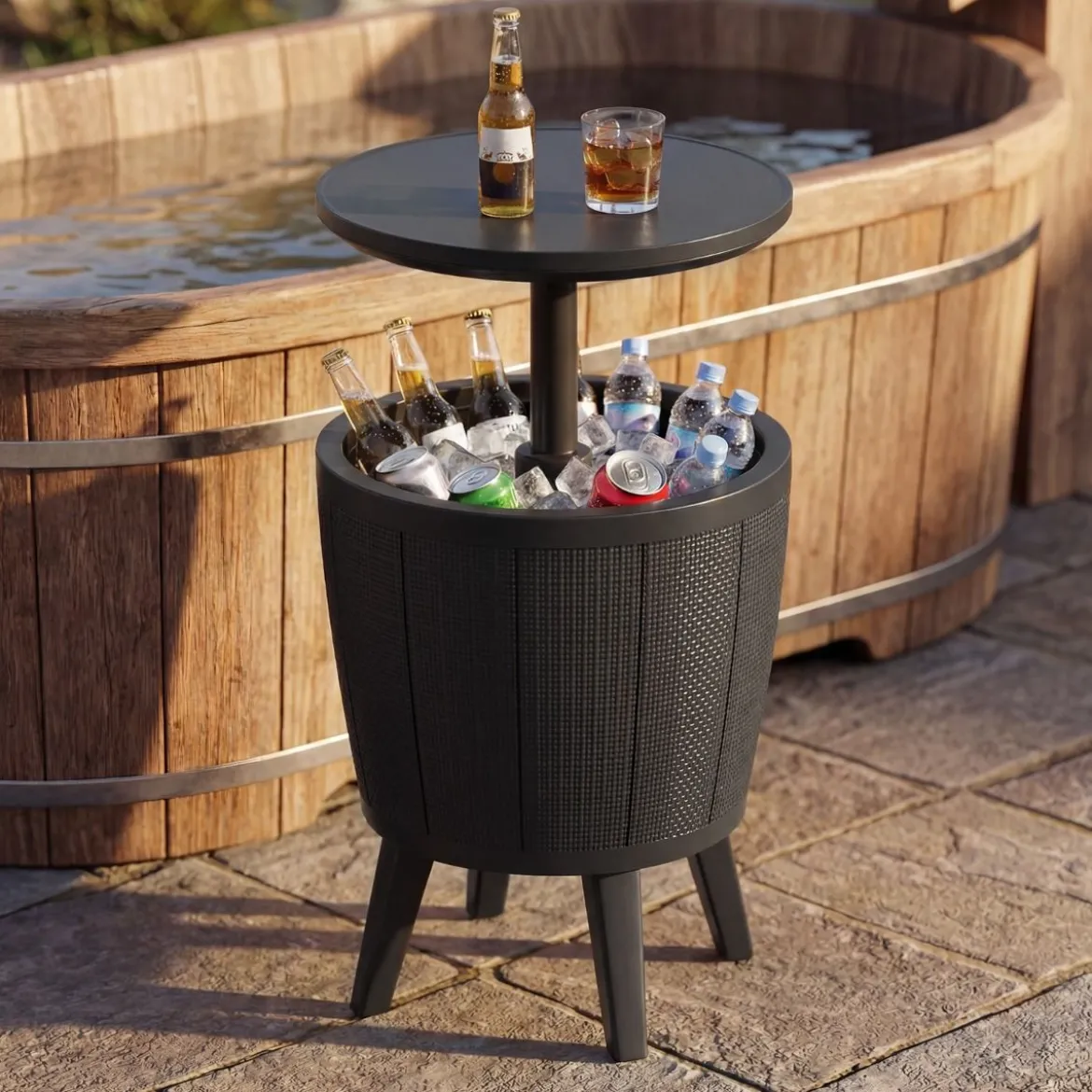 Outdoor Cocktailtisch höhenverstellbar 38L Getränkekühler mit Hebedeckel & Ablassventil Schwarz