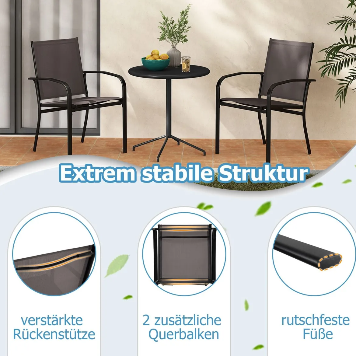 Outdoor-Esszimmerstuhl-Set mit 4 Stühlen stapelbare Terrassen-Sling-Stühle mit atmungsaktivem Stoff Grau