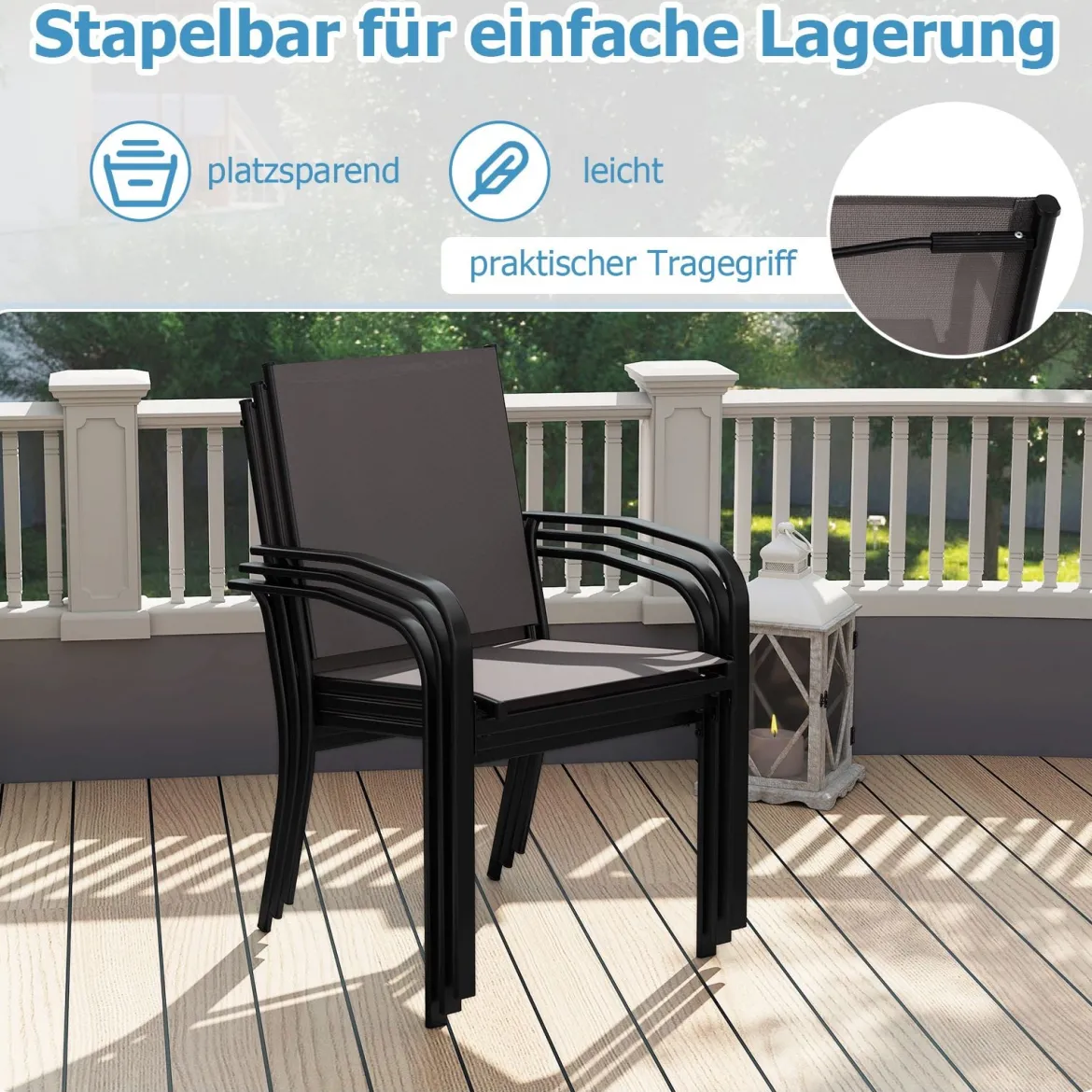 Outdoor-Esszimmerstuhl-Set mit 4 Stühlen stapelbare Terrassen-Sling-Stühle mit atmungsaktivem Stoff Grau