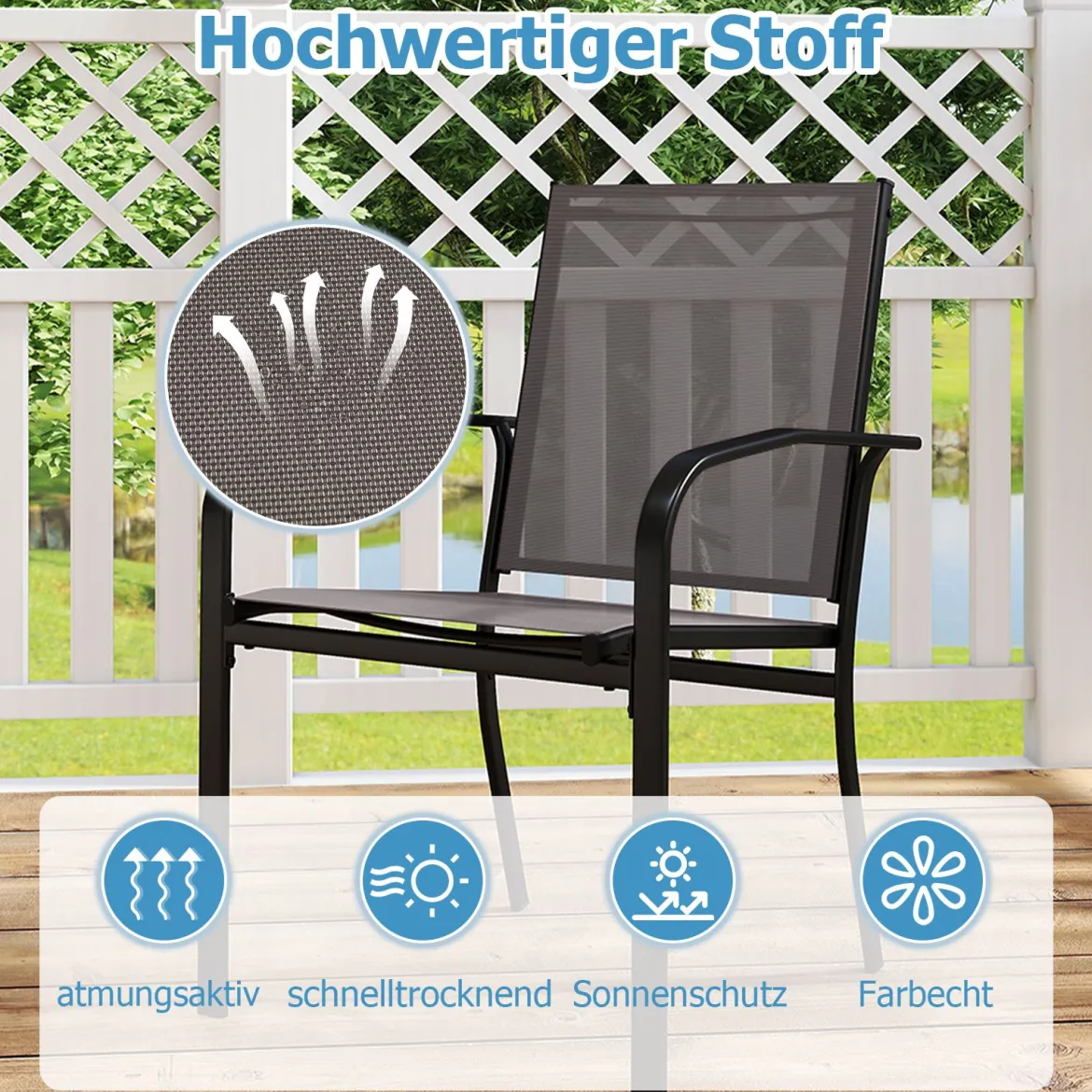 Outdoor-Esszimmerstuhl-Set mit 4 Stühlen stapelbare Terrassen-Sling-Stühle mit atmungsaktivem Stoff Grau