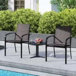 Outdoor-Esszimmerstuhl-Set mit 2 Stühlen stapelbare Terrassen-Sling-Stühle mit atmungsaktivem Stoff Grau