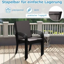 Outdoor-Esszimmerstuhl-Set mit 2 Stühlen stapelbare Terrassen-Sling-Stühle mit atmungsaktivem Stoff Grau