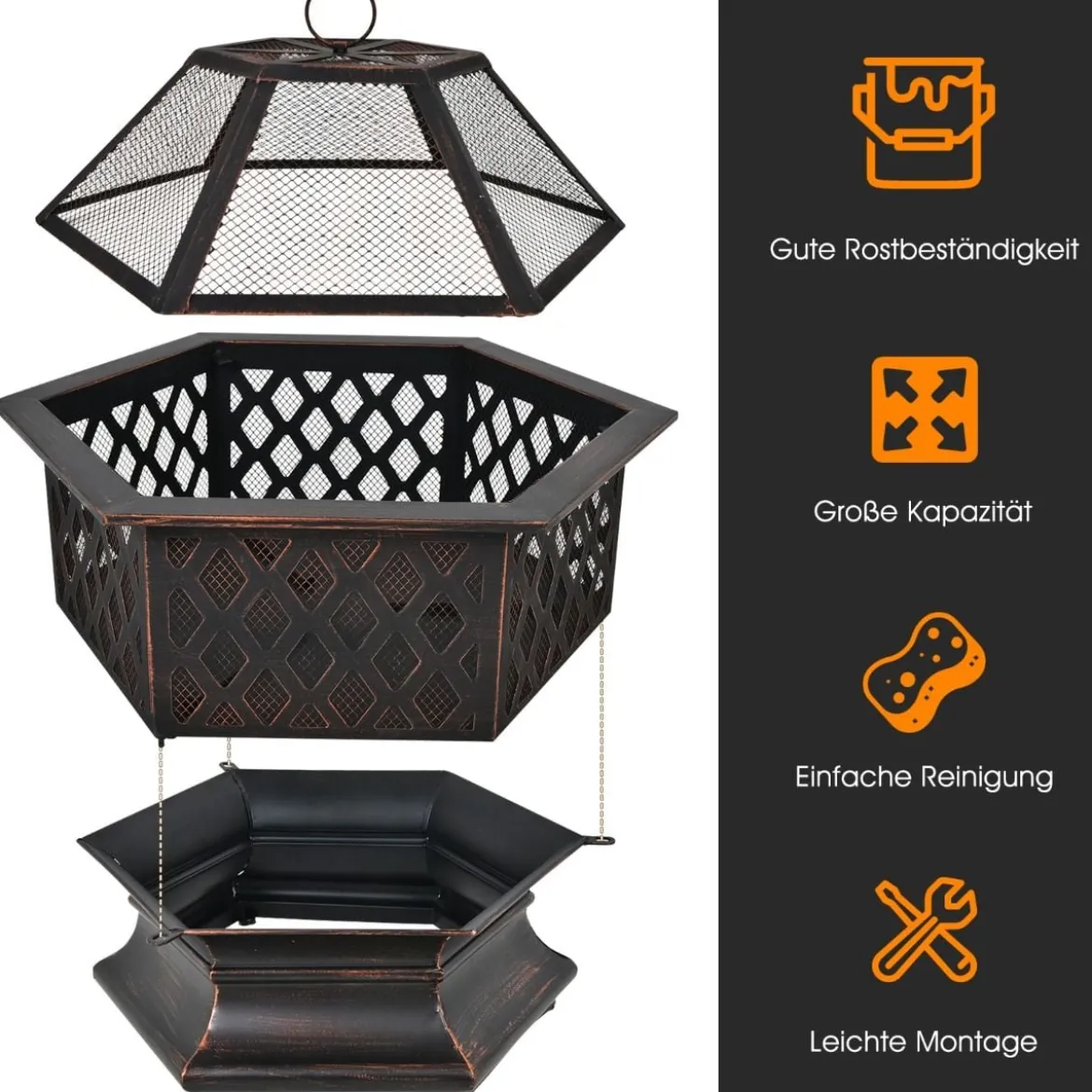 Outdoor-Feuerstelle hexagonale Feuerstelle holzbefeuerte Feuerschale 66 x 57,5 x 59 cm Schwarz
