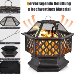 Outdoor-Feuerstelle hexagonale Feuerstelle holzbefeuerte Feuerschale 66 x 57,5 x 59 cm Schwarz