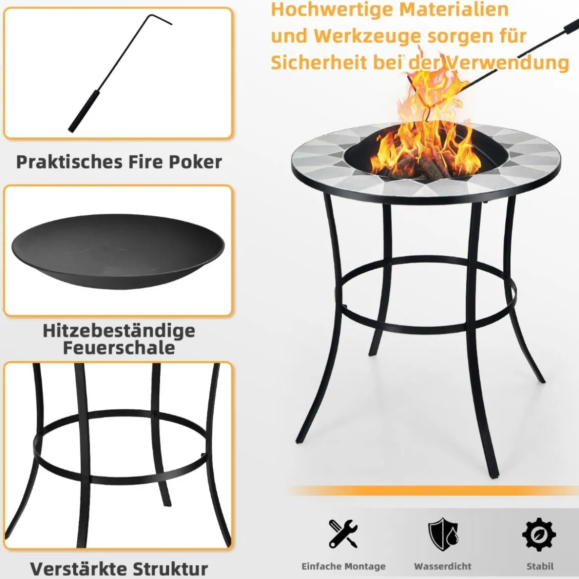 Outdoor-Feuerstelle Runder Feuertisch mit Maschendrahtdeckel 65 x 65 x 70 cm Schwarz