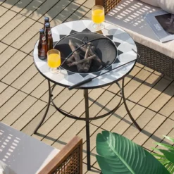 Outdoor-Feuerstelle Runder Feuertisch mit Maschendrahtdeckel 65 x 65 x 70 cm Schwarz
