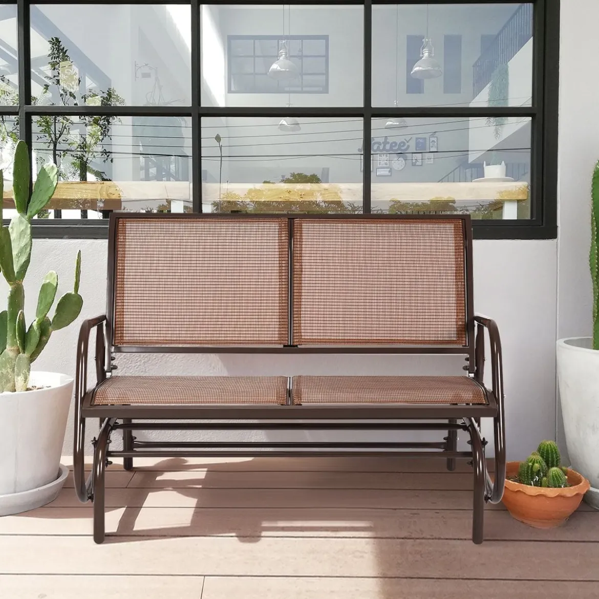 Outdoor-Gartenbank Gemütliche Schaukelbank für 2 Personen Schwingsessel Metallrahmen Braun