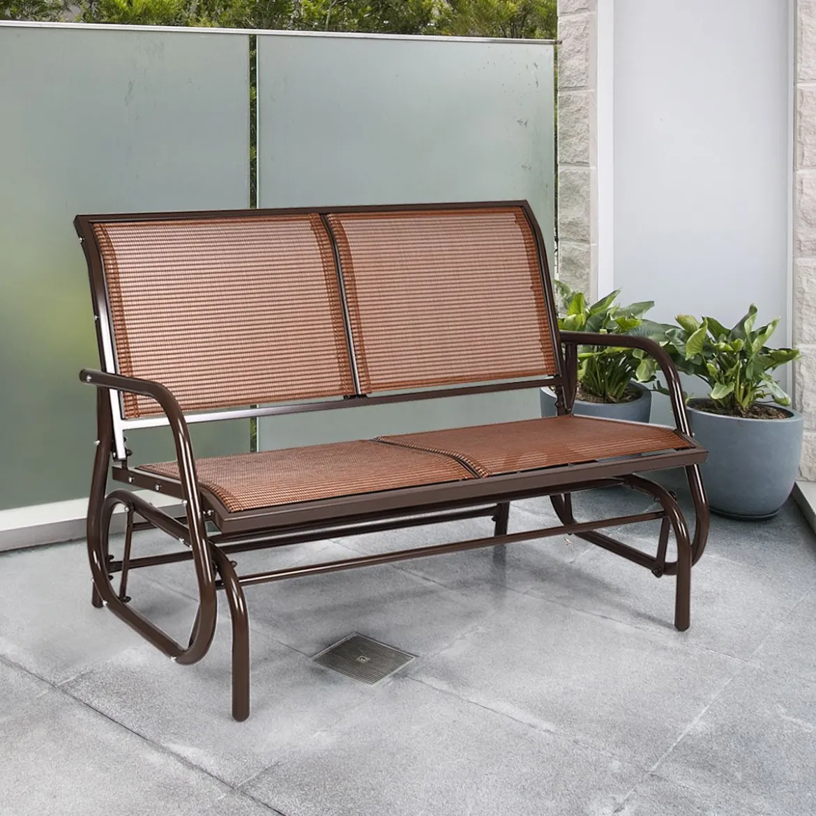Outdoor-Gartenbank Gemütliche Schaukelbank für 2 Personen Schwingsessel Metallrahmen Braun