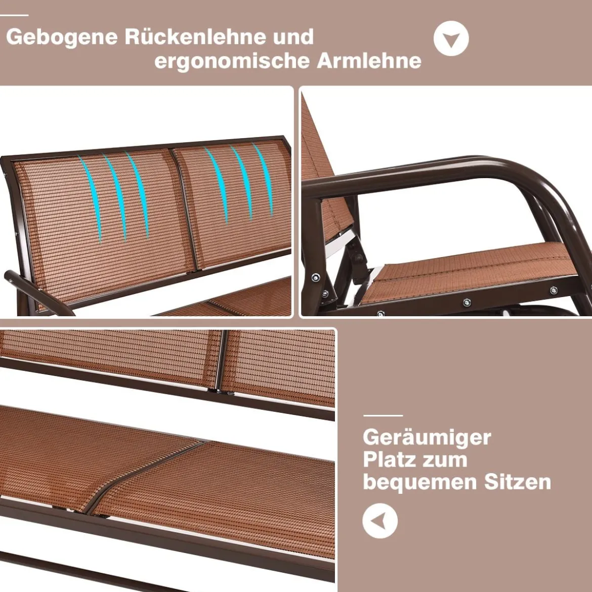 Outdoor-Gartenbank Gemütliche Schaukelbank für 2 Personen Schwingsessel Metallrahmen Braun