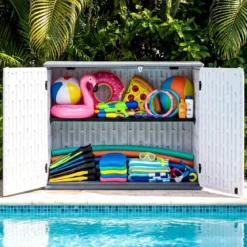 Outdoor Gartenschrank HDPE horizontale Gartenbox mit 3 Ebenen verstellbarem Regal abschließbarem Deckel & Türen