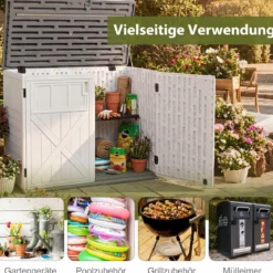 Outdoor Gartenschrank HDPE horizontale Gartenbox mit 3 Ebenen verstellbarem Regal abschließbarem Deckel & Türen