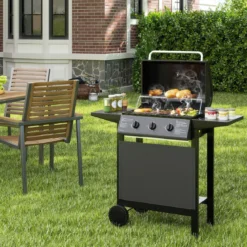 Outdoor Gasgrill mit 3 Heizzonen Tragbare Grillwagen mit Deckel Edelstahlrosten & Seitentischen
