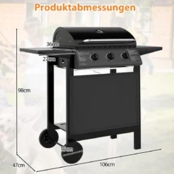 Outdoor Gasgrill mit 3 Heizzonen Tragbare Grillwagen mit Deckel Edelstahlrosten & Seitentischen