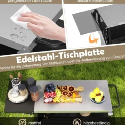Outdoor Grillwagenmit Edelstahlplatte & Klappbarem Seitentisch & Schrank Grilltisch