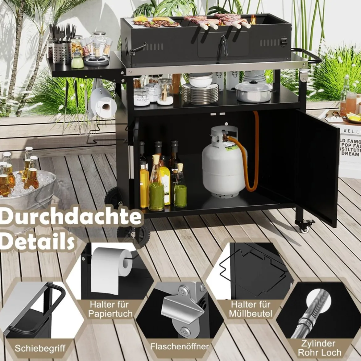 Outdoor Grillwagenmit Edelstahlplatte & Klappbarem Seitentisch & Schrank Grilltisch