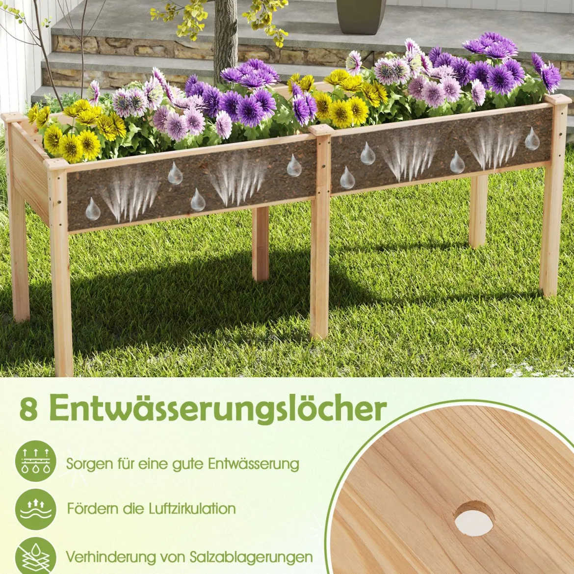 Outdoor Hochbeet mit Beinen 185 x 58 x 77 cm Holz Pflanzkasten mit Trennwand Natur