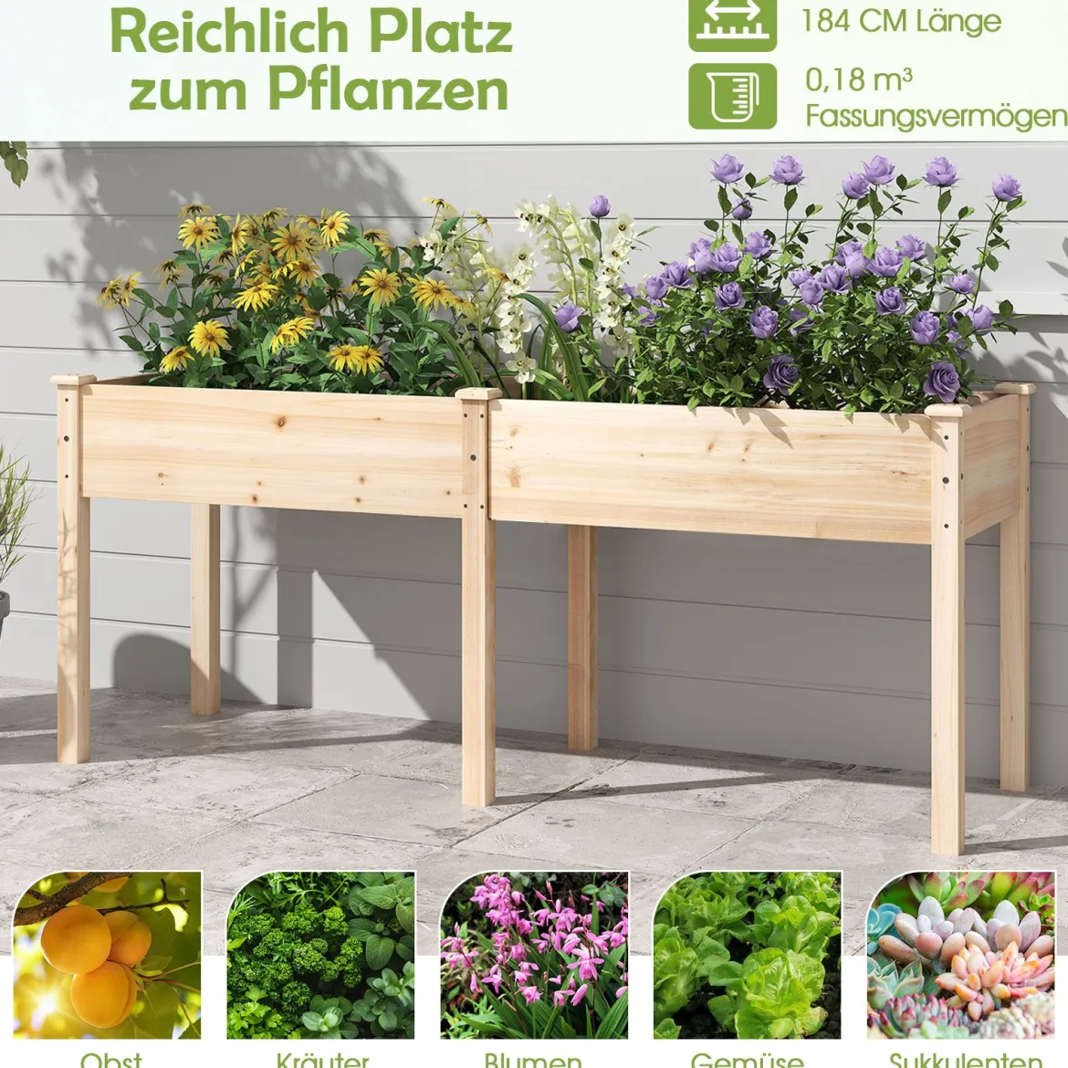 Outdoor Hochbeet mit Beinen 185 x 58 x 77 cm Holz Pflanzkasten mit Trennwand Natur