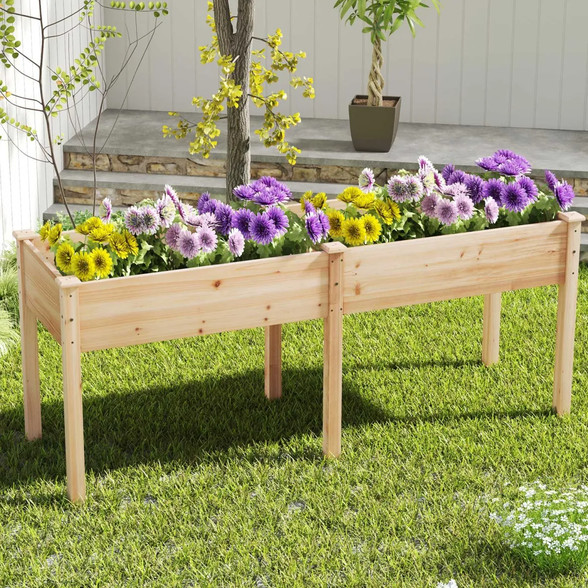 Outdoor Hochbeet mit Beinen 185 x 58 x 77 cm Holz Pflanzkasten mit Trennwand Natur