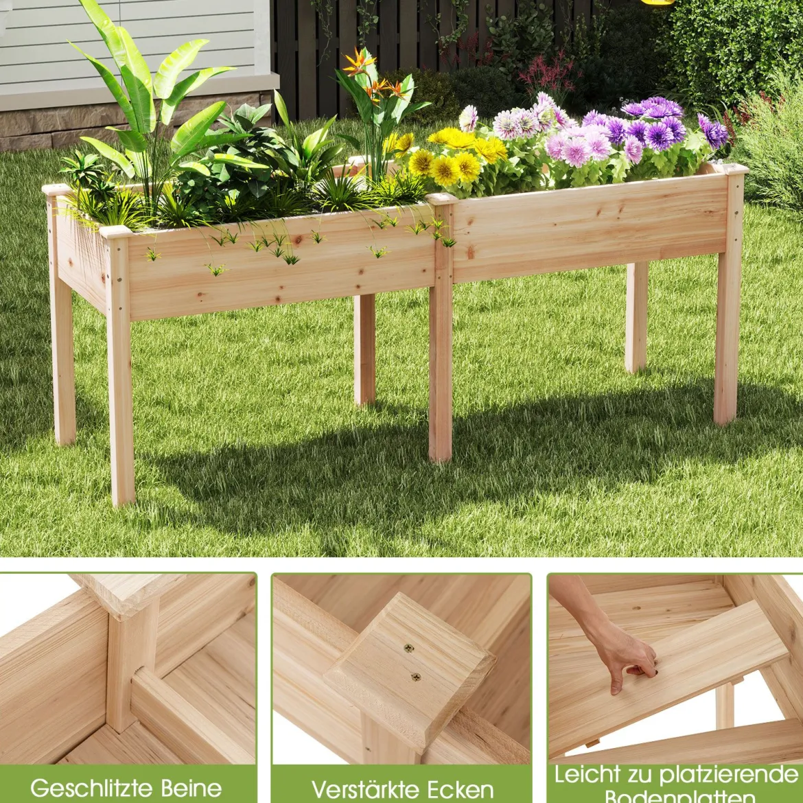 Outdoor Hochbeet mit Beinen 185 x 58 x 77 cm Holz Pflanzkasten mit Trennwand Natur