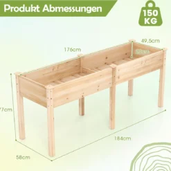 Outdoor Hochbeet mit Beinen 185 x 58 x 77 cm Holz Pflanzkasten mit Trennwand Natur