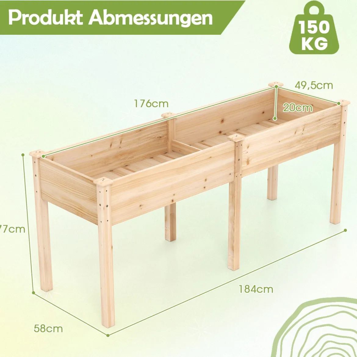 Outdoor Hochbeet mit Beinen 185 x 58 x 77 cm Holz Pflanzkasten mit Trennwand Natur