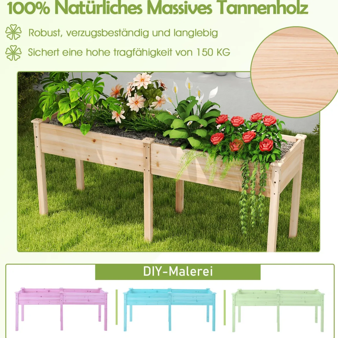 Outdoor Hochbeet mit Beinen 185 x 58 x 77 cm Holz Pflanzkasten mit Trennwand Natur