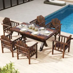 Outdoor-Holz-Armlehnsessel Holz-Patio-Essstuhl mit Armlehnen und geneigter hoher Rückenlehne Braun