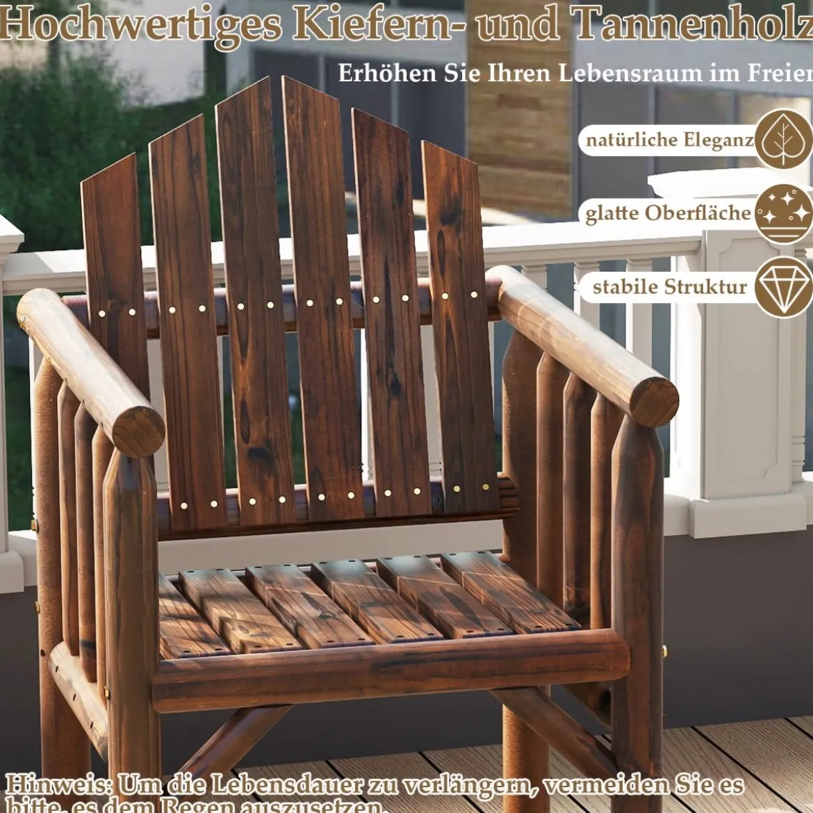 Outdoor-Holz-Armlehnsessel Holz-Patio-Essstuhl mit Armlehnen und geneigter hoher Rückenlehne Braun