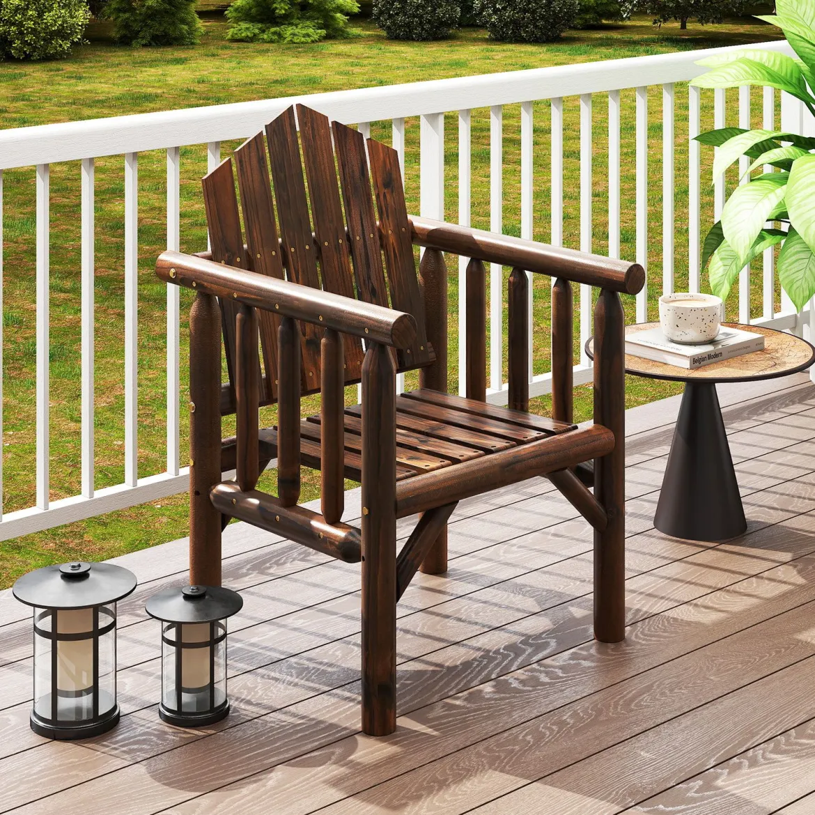 Outdoor-Holz-Armlehnsessel Holz-Patio-Essstuhl mit Armlehnen und geneigter hoher Rückenlehne Braun